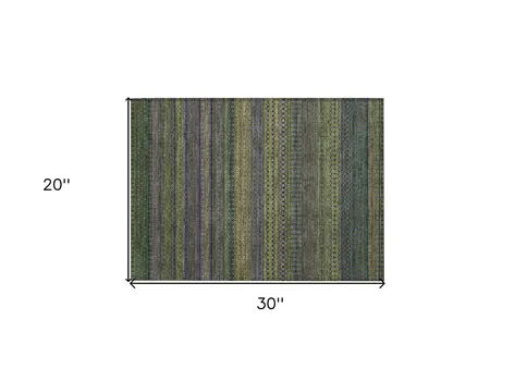 2' X 3' Olive Green Striped Washable Non Skid Indoor Outdoor Area Rug