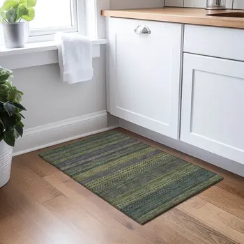 2' X 3' Olive Green Striped Washable Non Skid Indoor Outdoor Area Rug