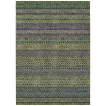 5' X 8' Olive Green Striped Washable Non Skid Indoor Outdoor Area Rug