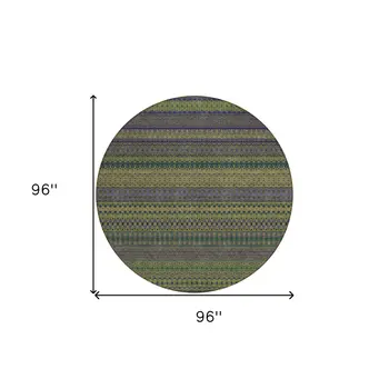 8' Round Olive Green Round Striped Washable Non Skid Indoor Outdoor Area Rug