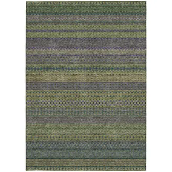 8' X 10' Olive Green Striped Washable Non Skid Indoor Outdoor Area Rug