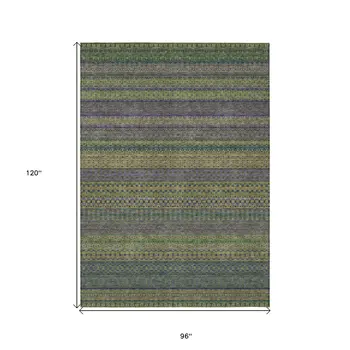 8' X 10' Olive Green Striped Washable Non Skid Indoor Outdoor Area Rug