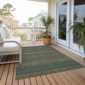 8' X 10' Olive Green Striped Washable Non Skid Indoor Outdoor Area Rug