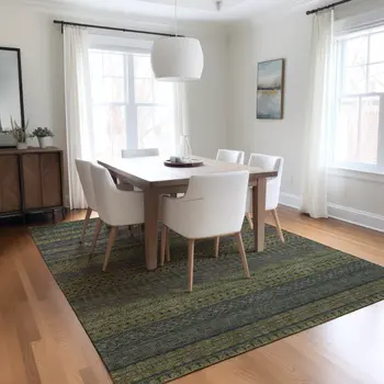 8' X 10' Olive Green Striped Washable Non Skid Indoor Outdoor Area Rug
