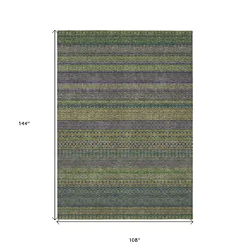9' X 12' Olive Green Striped Washable Non Skid Indoor Outdoor Area Rug