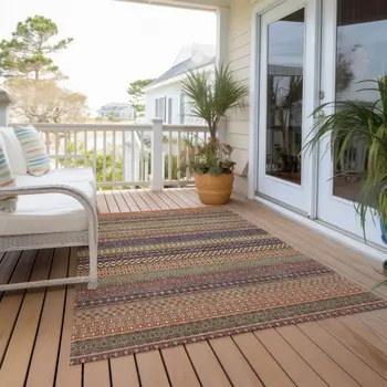 5' X 8' Orange Striped Washable Non Skid Indoor Outdoor Area Rug