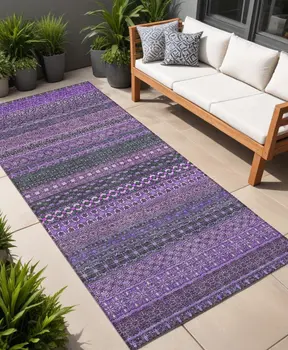 8' Runner Purple Striped Washable Non Skid Indoor Outdoor Runner Rug