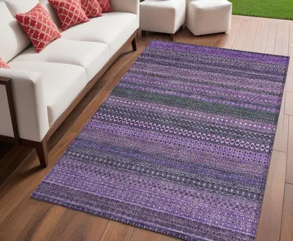 5' X 8' Purple Striped Washable Non Skid Indoor Outdoor Area Rug