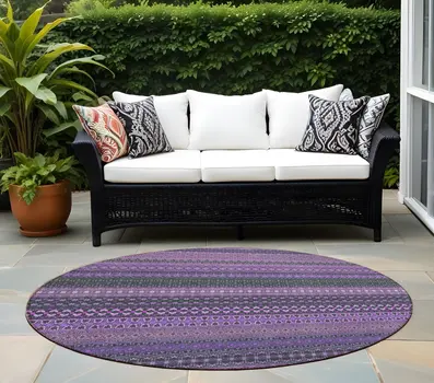 8' Round Purple Round Striped Washable Non Skid Indoor Outdoor Area Rug