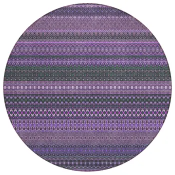 8' Round Purple Round Striped Washable Non Skid Indoor Outdoor Area Rug
