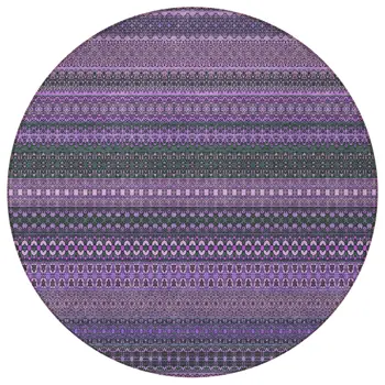 8' Round Purple Round Striped Washable Non Skid Indoor Outdoor Area Rug