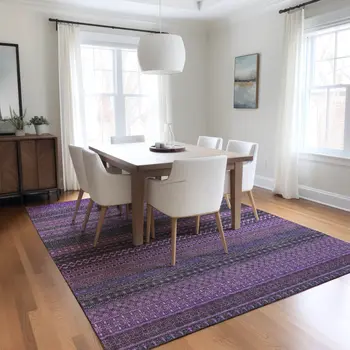 9' X 12' Purple Striped Washable Non Skid Indoor Outdoor Area Rug