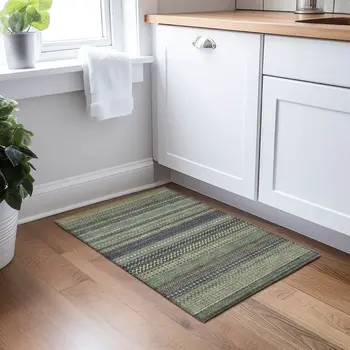 2' X 3' Sage Striped Washable Non Skid Indoor Outdoor Area Rug