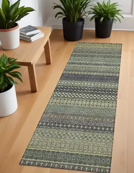 8' Runner Sage Striped Washable Non Skid Indoor Outdoor Runner Rug
