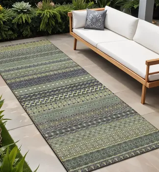 8' Runner Sage Striped Washable Non Skid Indoor Outdoor Runner Rug
