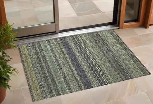 3' X 5' Sage Striped Washable Non Skid Indoor Outdoor Area Rug