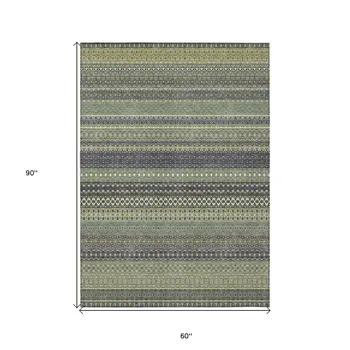 5' X 8' Sage Striped Washable Non Skid Indoor Outdoor Area Rug