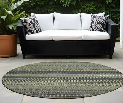 8' Round Sage Round Striped Washable Non Skid Indoor Outdoor Area Rug