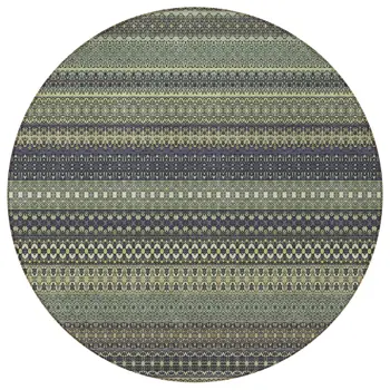 8' Round Sage Round Striped Washable Non Skid Indoor Outdoor Area Rug