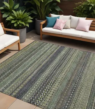 8' X 10' Sage Striped Washable Non Skid Indoor Outdoor Area Rug