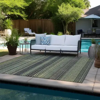 8' X 10' Sage Striped Washable Non Skid Indoor Outdoor Area Rug