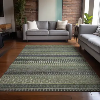 8' X 10' Sage Striped Washable Non Skid Indoor Outdoor Area Rug
