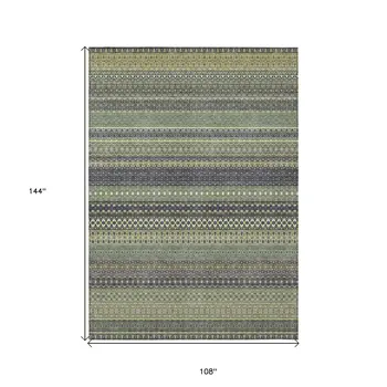 9' X 12' Sage Striped Washable Non Skid Indoor Outdoor Area Rug