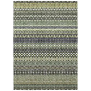 9' X 12' Sage Striped Washable Non Skid Indoor Outdoor Area Rug