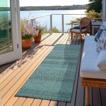 2' X 8' Turquoise Striped Washable Indoor Outdoor Runner Rug