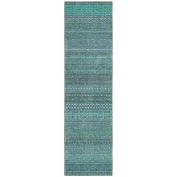 2' X 8' Turquoise Striped Washable Indoor Outdoor Runner Rug