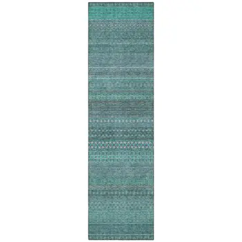 2' X 8' Turquoise Striped Washable Indoor Outdoor Runner Rug