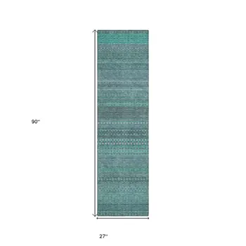 2' X 8' Turquoise Striped Washable Indoor Outdoor Runner Rug