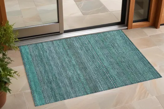 3' X 5' Turquoise Striped Washable Non Skid Indoor Outdoor Area Rug