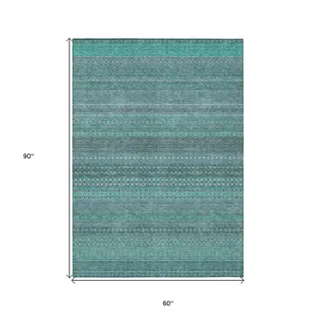 5' X 8' Turquoise Striped Washable Non Skid Indoor Outdoor Area Rug
