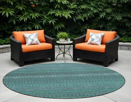 8' Round Turquoise Round Striped Washable Non Skid Indoor Outdoor Area Rug