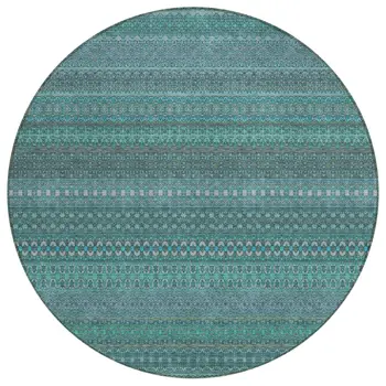 8' Round Turquoise Round Striped Washable Non Skid Indoor Outdoor Area Rug