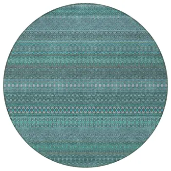 8' Round Turquoise Round Striped Washable Non Skid Indoor Outdoor Area Rug