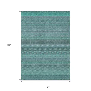 8' X 10' Turquoise Striped Washable Non Skid Indoor Outdoor Area Rug