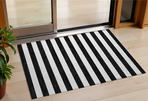 2' X 3' Black and White Striped Washable Indoor Outdoor Area Rug