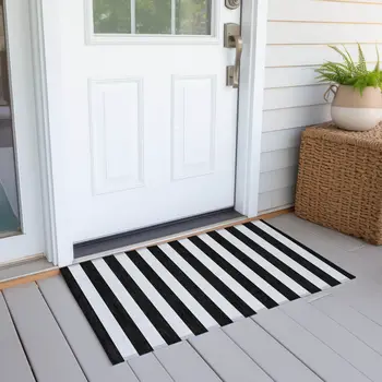 2' X 3' Black and White Striped Washable Indoor Outdoor Area Rug
