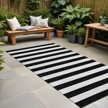 8' Runner Black and White Striped Washable Non Skid Indoor Outdoor Runner Rug