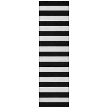 8' Runner Black and White Striped Washable Non Skid Indoor Outdoor Runner Rug