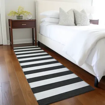 8' Runner Black and White Striped Washable Non Skid Indoor Outdoor Runner Rug
