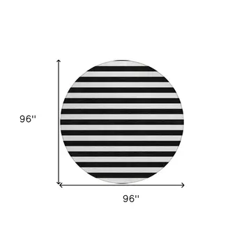 8' Round Black and White Round Striped Washable Non Skid Indoor Outdoor Area Rug
