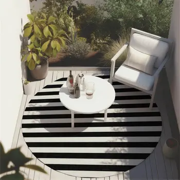 8' Round Black and White Round Striped Washable Non Skid Indoor Outdoor Area Rug
