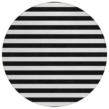 8' Round Black and White Round Striped Washable Non Skid Indoor Outdoor Area Rug