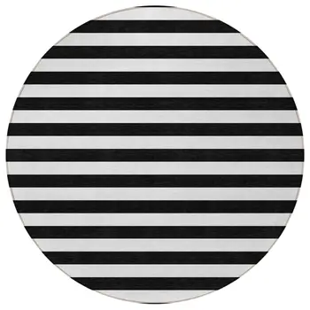 8' Round Black and White Round Striped Washable Non Skid Indoor Outdoor Area Rug