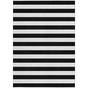 8' X 10' Black and White Striped Washable Non Skid Indoor Outdoor Area Rug