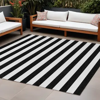 10' X 14' Black and White Striped Washable Non Skid Indoor Outdoor Area Rug