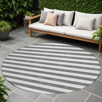 8' Round Charcoal Round Striped Washable Non Skid Indoor Outdoor Area Rug
